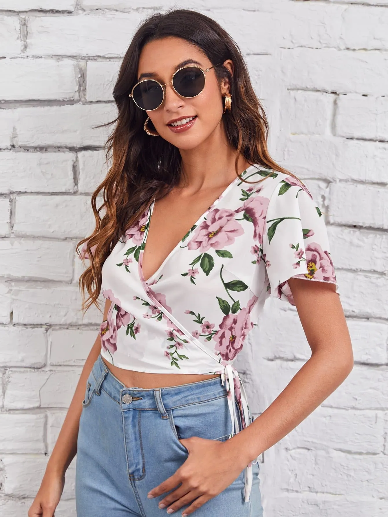 V-Neck Butterfly Sleeve Wrap Belted Floral Crop Top