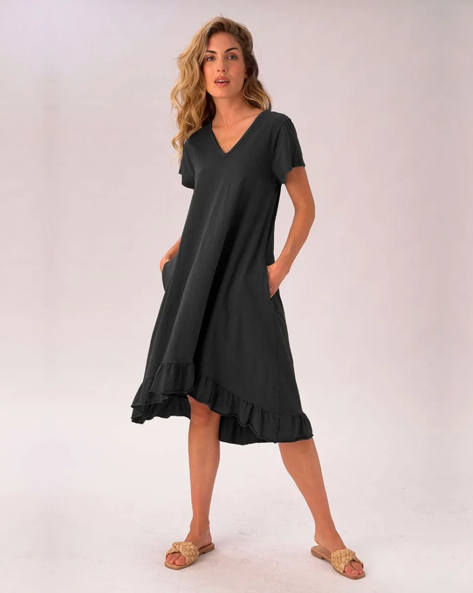 V-neck Ruffled Hem Organic Cotton Dress