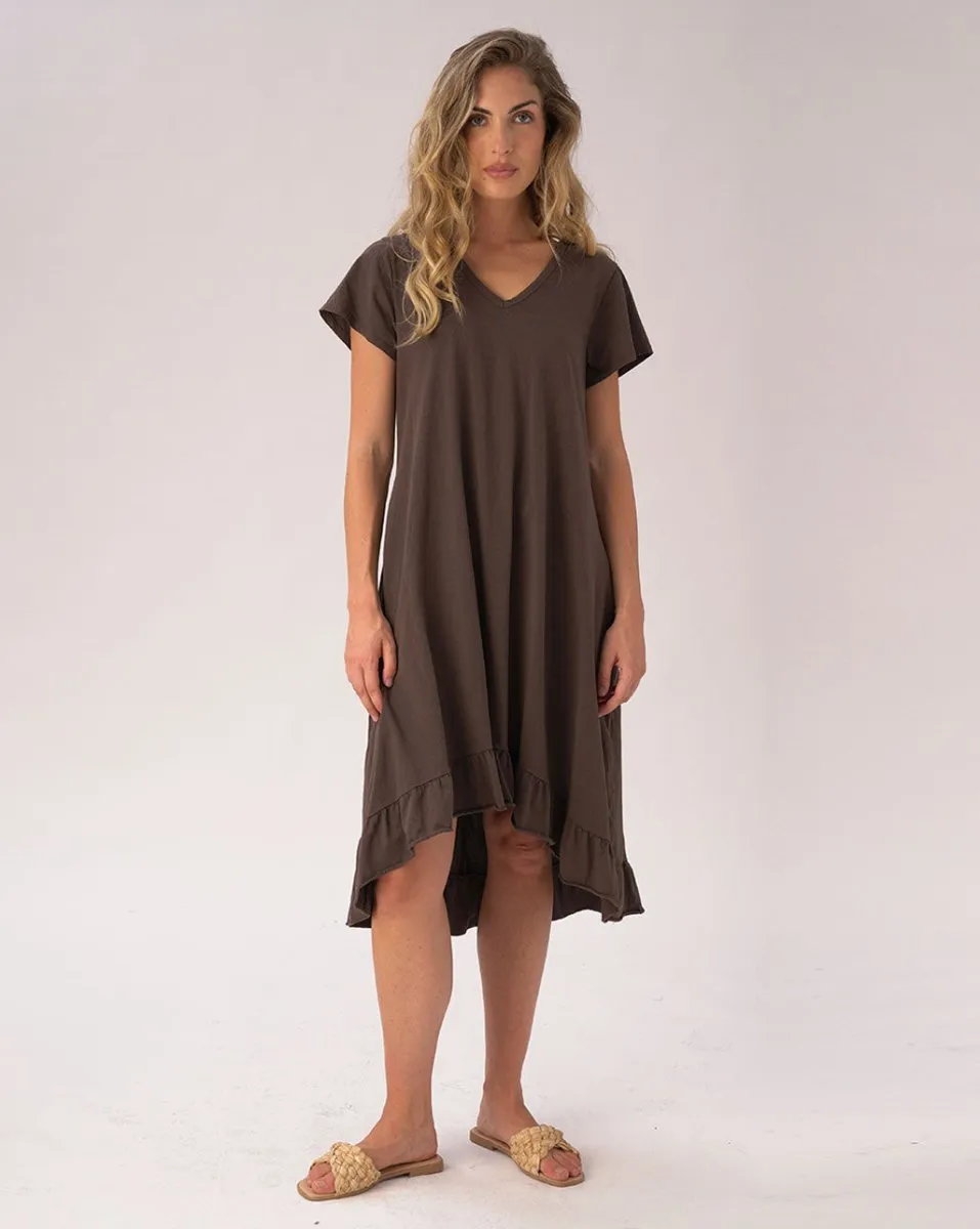 V-neck Ruffled Hem Organic Cotton Dress