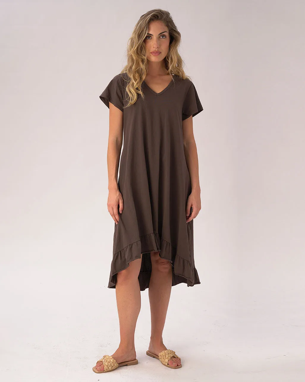 V-neck Ruffled Hem Organic Cotton Dress