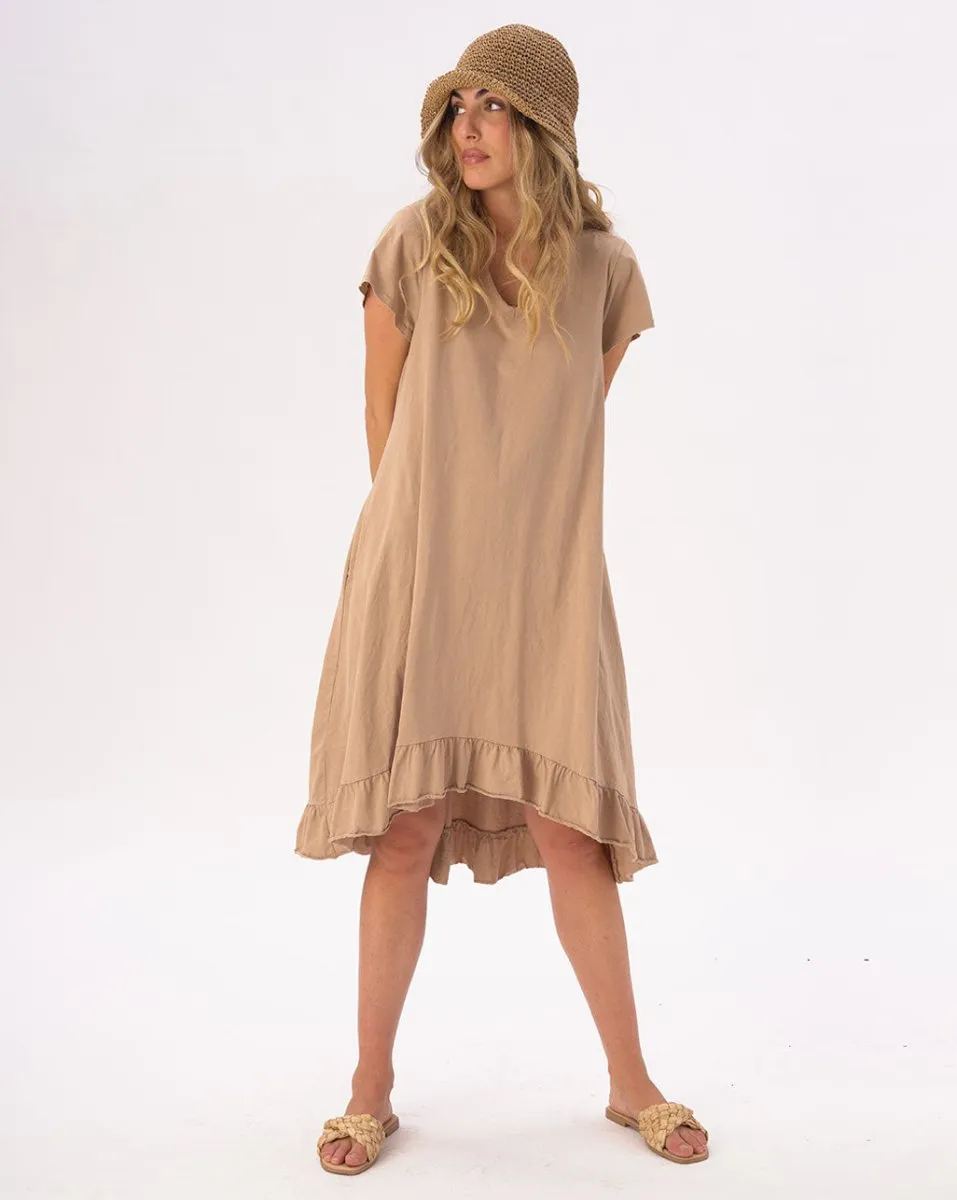 V-neck Ruffled Hem Organic Cotton Dress