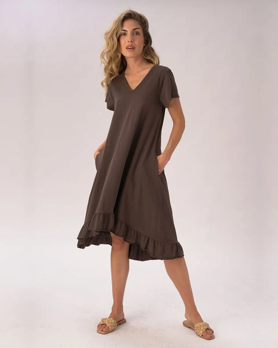 V-neck Ruffled Hem Organic Cotton Dress