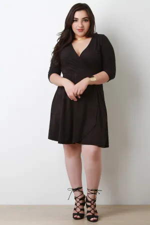 Vegan Suede Wrap Style Half Sleeve Skater Dress