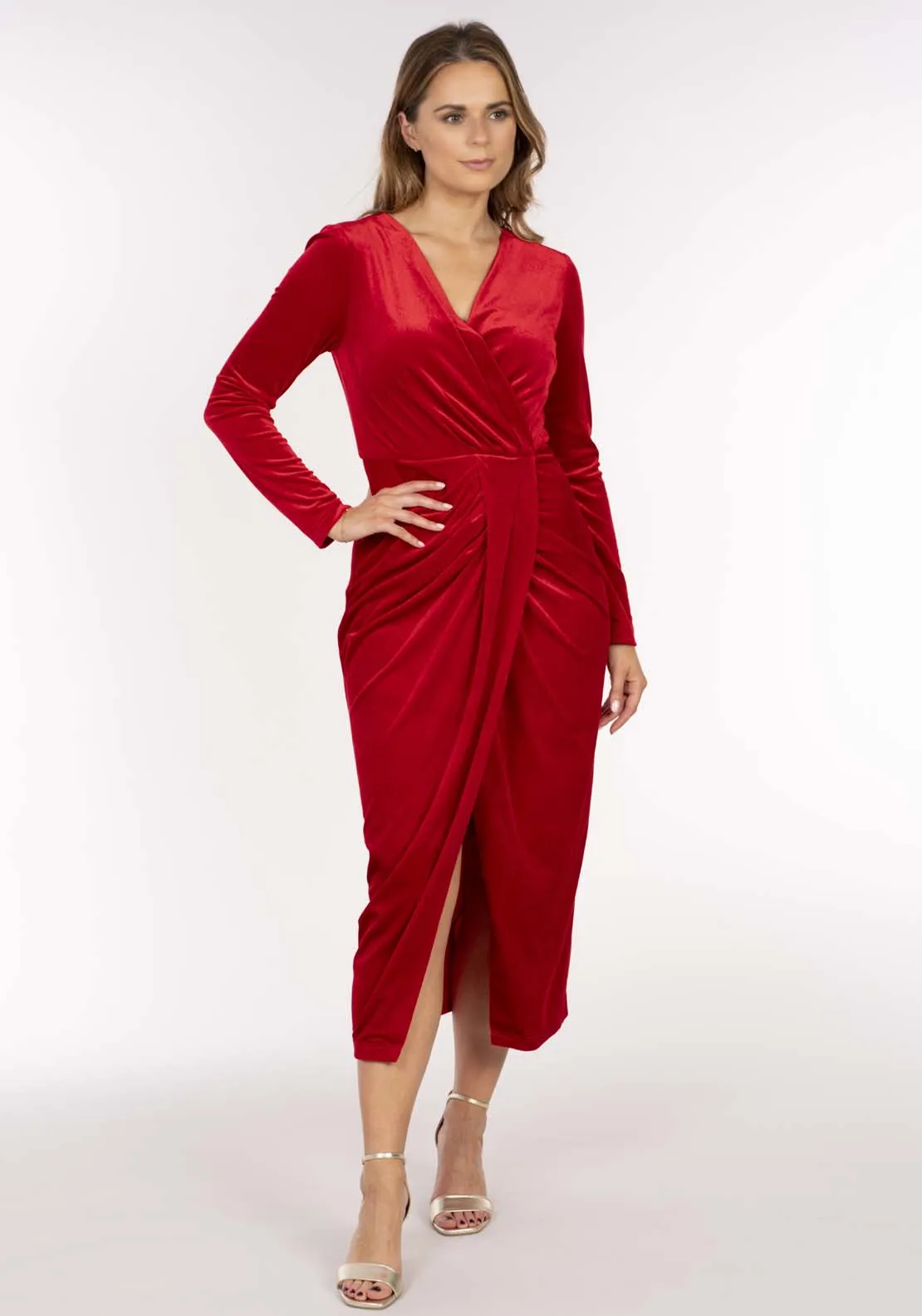 Velvet Half Wrap Pleat Dress - Red