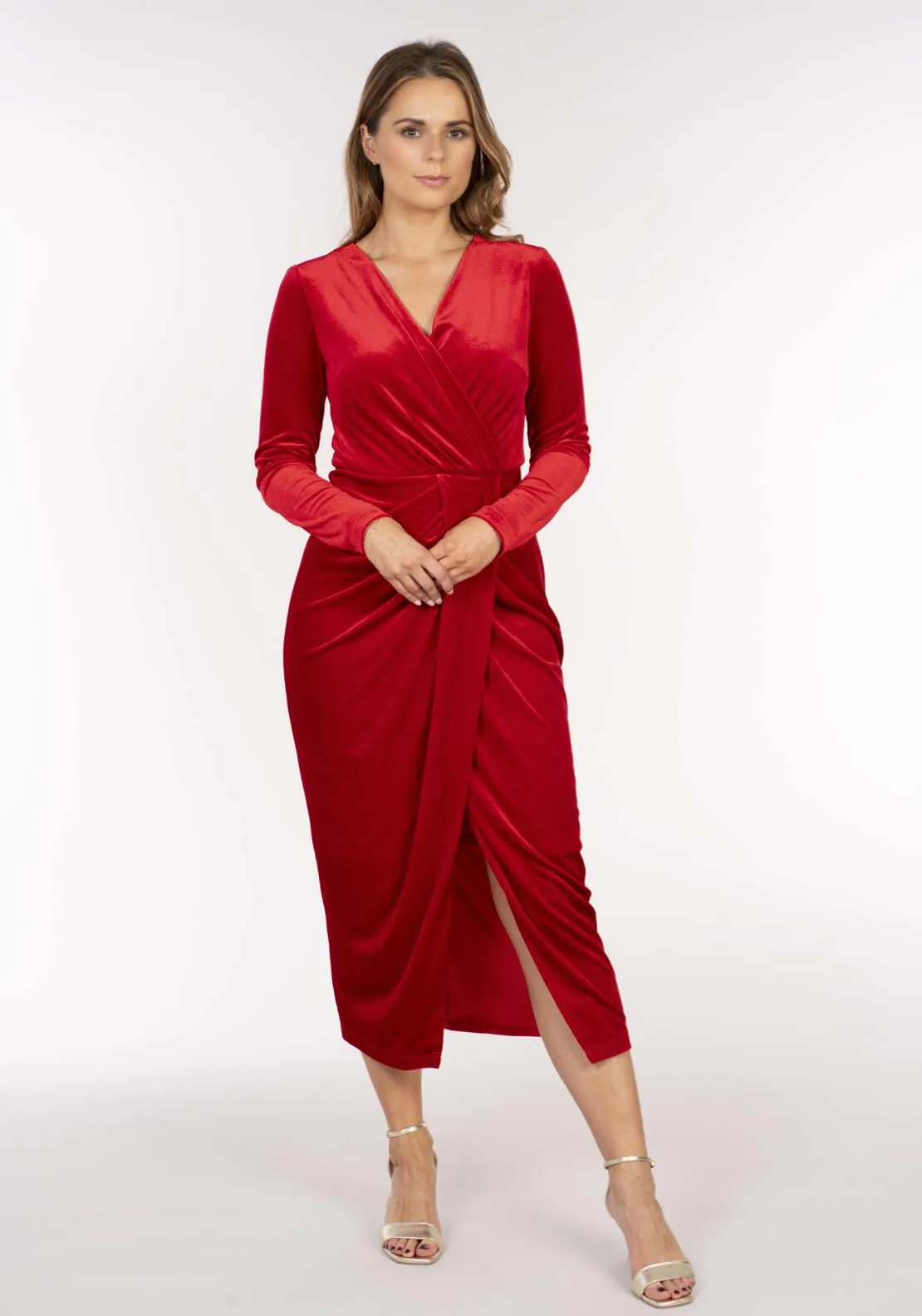 Velvet Half Wrap Pleat Dress - Red