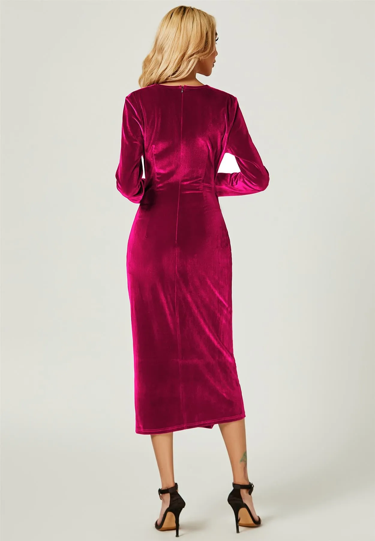 Velvet Wrap Top Long Sleeve Occasions Midi Dress In Violet