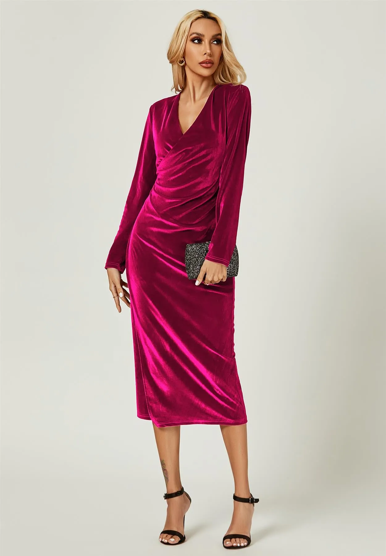 Velvet Wrap Top Long Sleeve Occasions Midi Dress In Violet