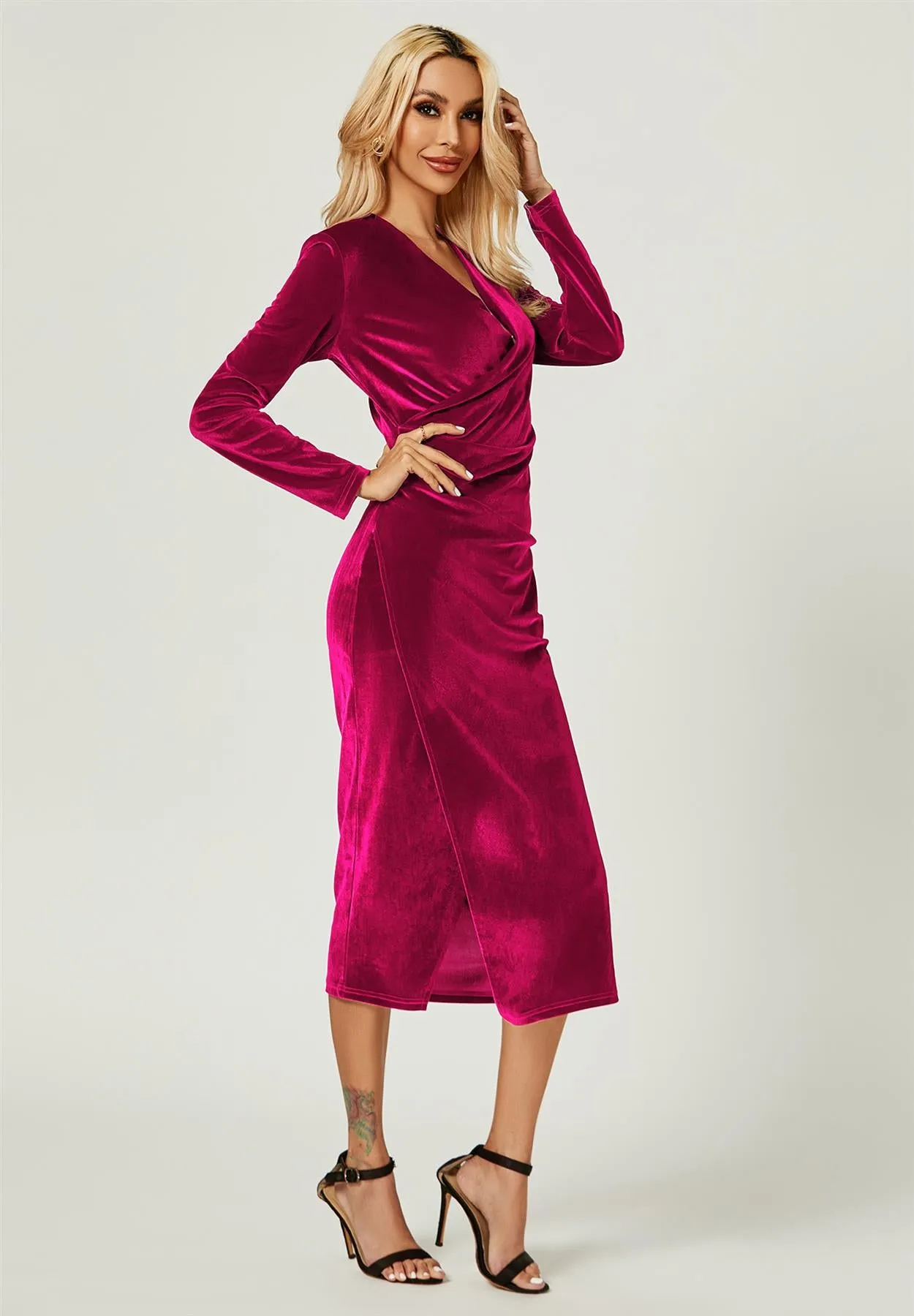 Velvet Wrap Top Long Sleeve Occasions Midi Dress In Violet