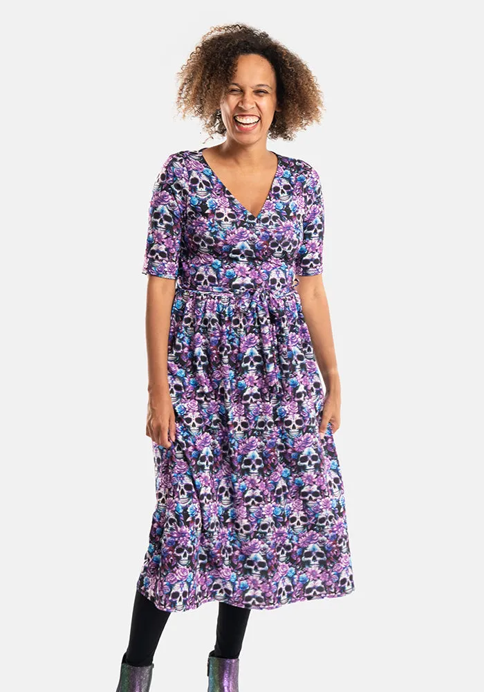 Vex Purple Floral Skull Print Midi Dress