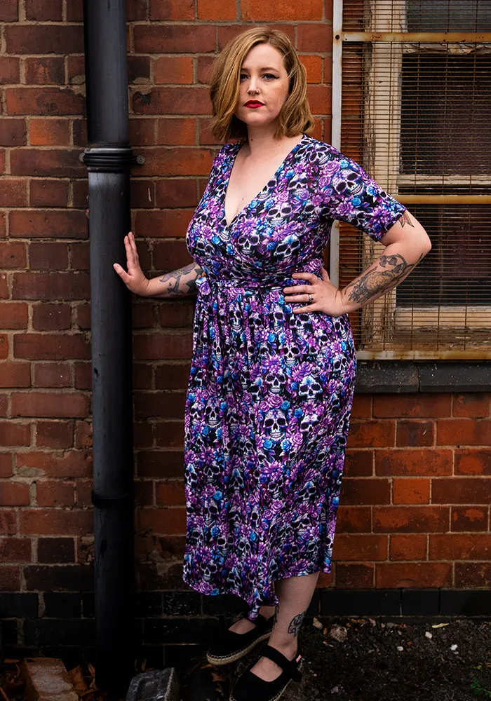 Vex Purple Floral Skull Print Midi Dress