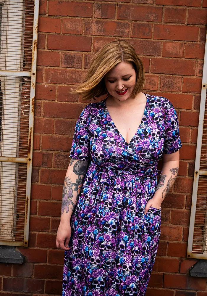 Vex Purple Floral Skull Print Midi Dress