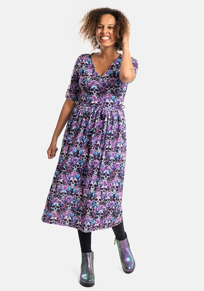 Vex Purple Floral Skull Print Midi Dress