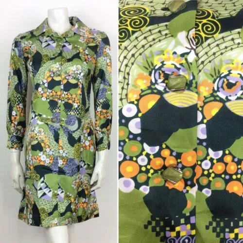 VINTAGE 70s ABSTRACT PSYCHEDELIC SHIRT DRESS GREEN PURPLE YELLOW SWIRL 12 14