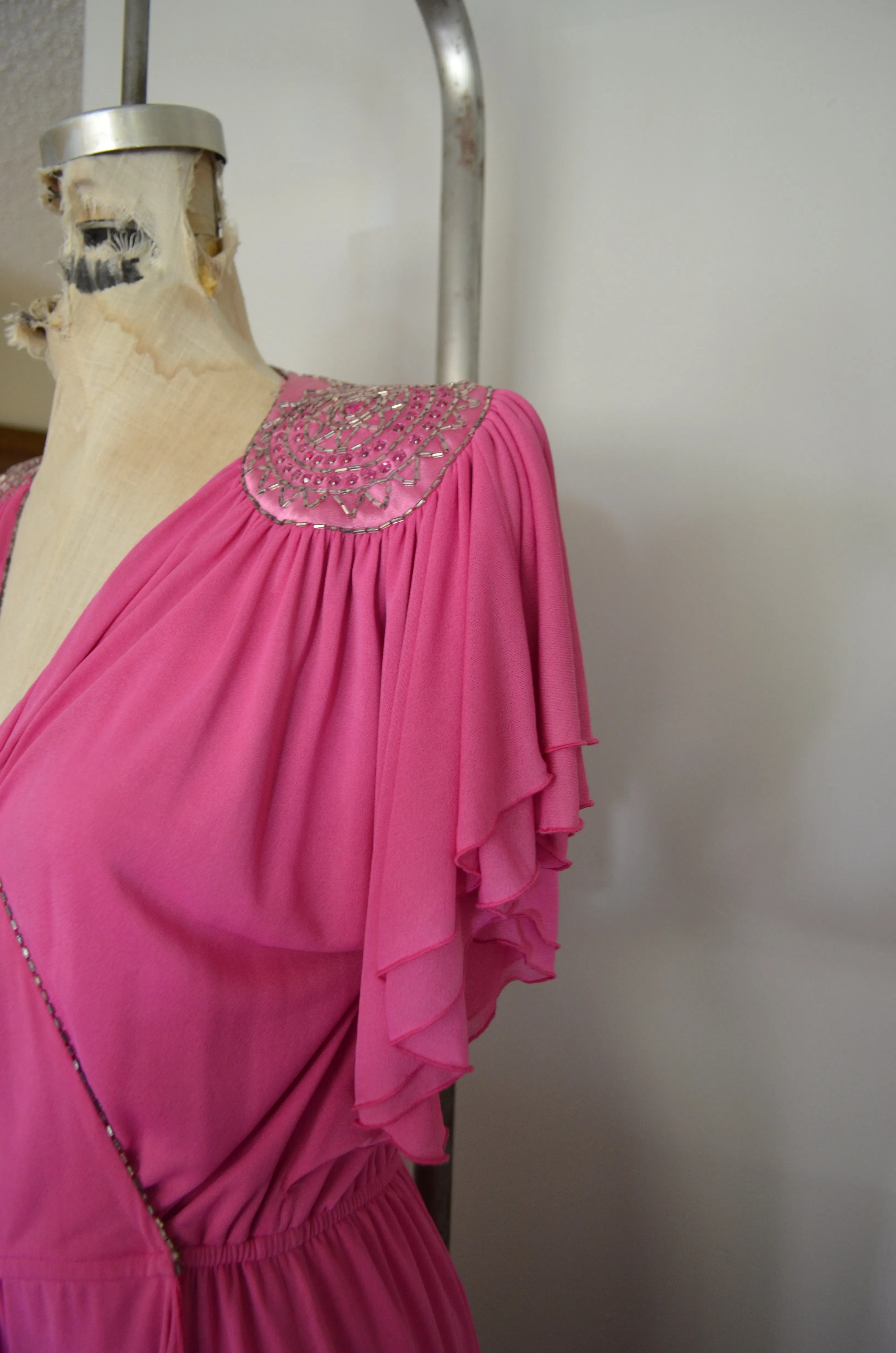 Vintage 70s Lillie Rubin pink wrap dress Goddess Gatsby loungewear glam