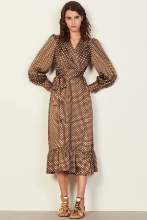 Vintage Floral Printed Long Sleeve Ruffle Wrap Midi Dress - Coffee