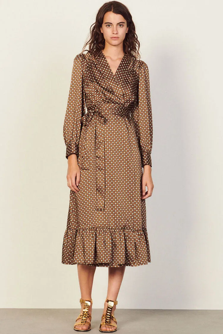 Vintage Floral Printed Long Sleeve Ruffle Wrap Midi Dress - Coffee