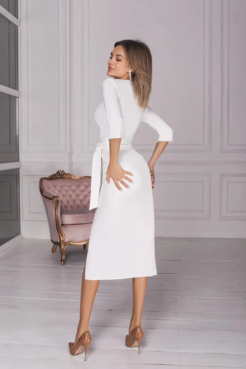 White Short Sleeve Wrap  Midi Dress