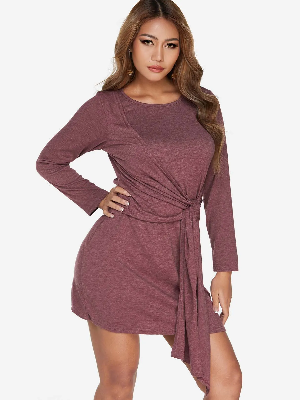 Wholesale Burgundy Round Neck Long Sleeve Plain Self-Tie Shirt Dresses