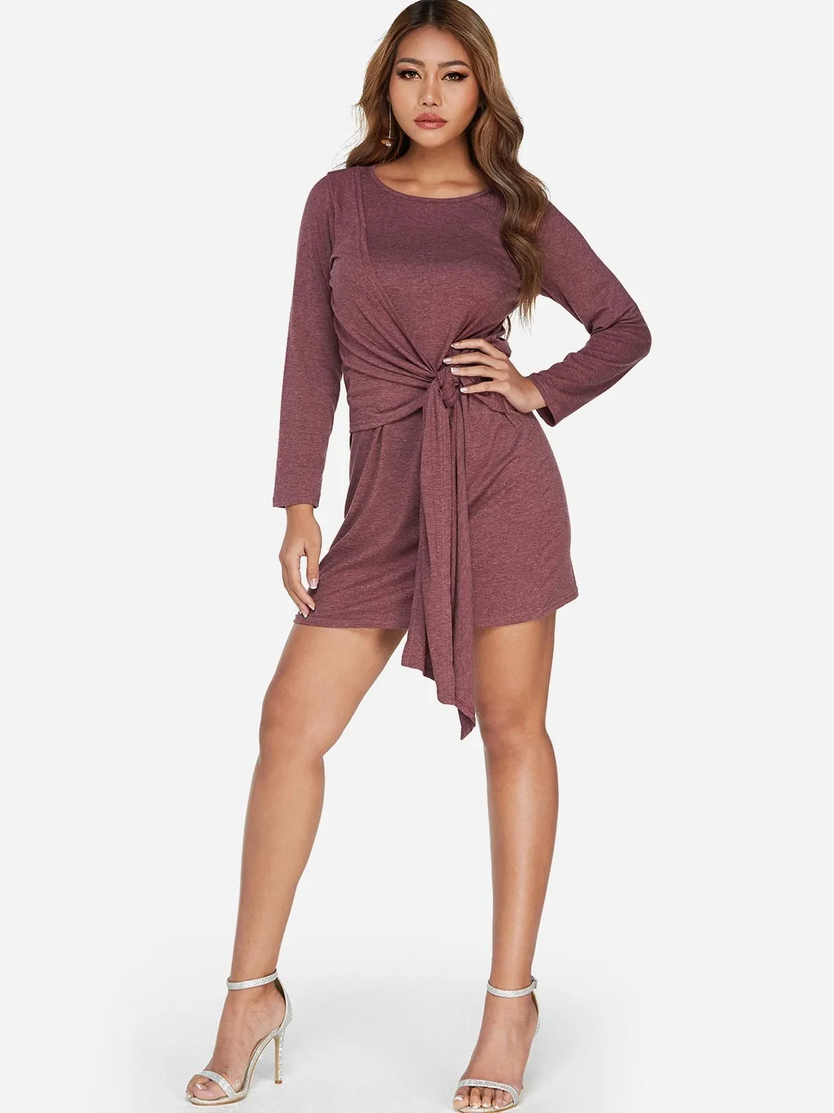 Wholesale Burgundy Round Neck Long Sleeve Plain Self-Tie Shirt Dresses