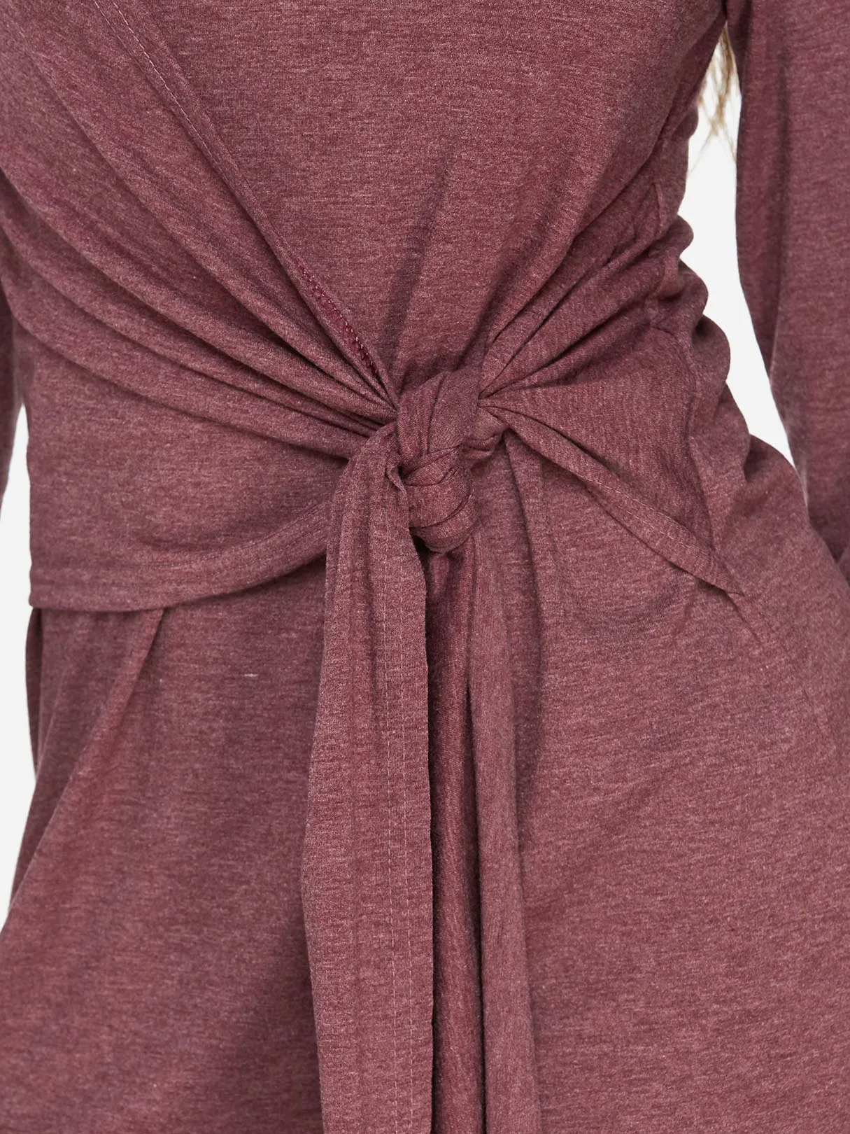 Wholesale Burgundy Round Neck Long Sleeve Plain Self-Tie Shirt Dresses