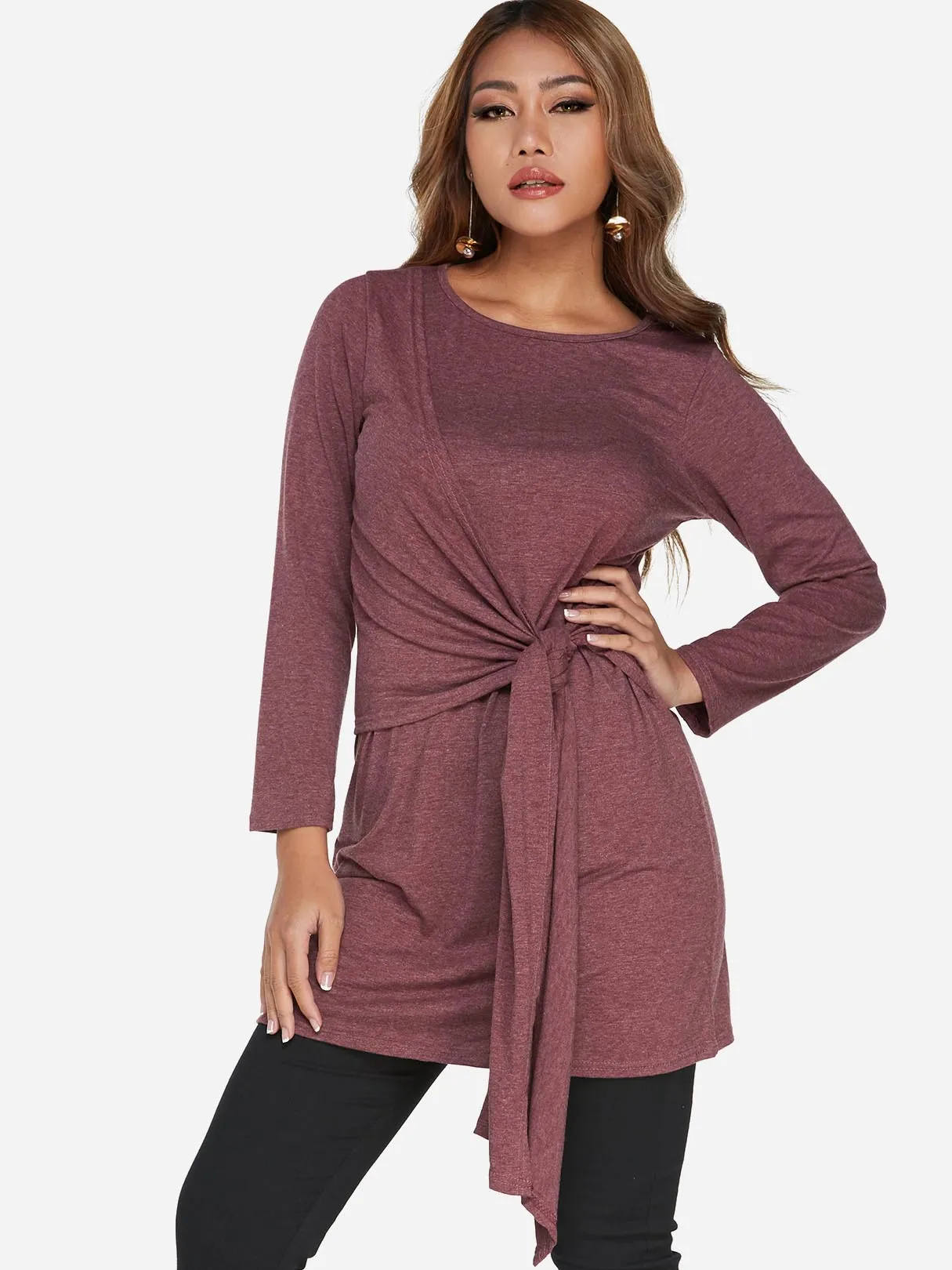 Wholesale Burgundy Round Neck Long Sleeve Plain Self-Tie Shirt Dresses