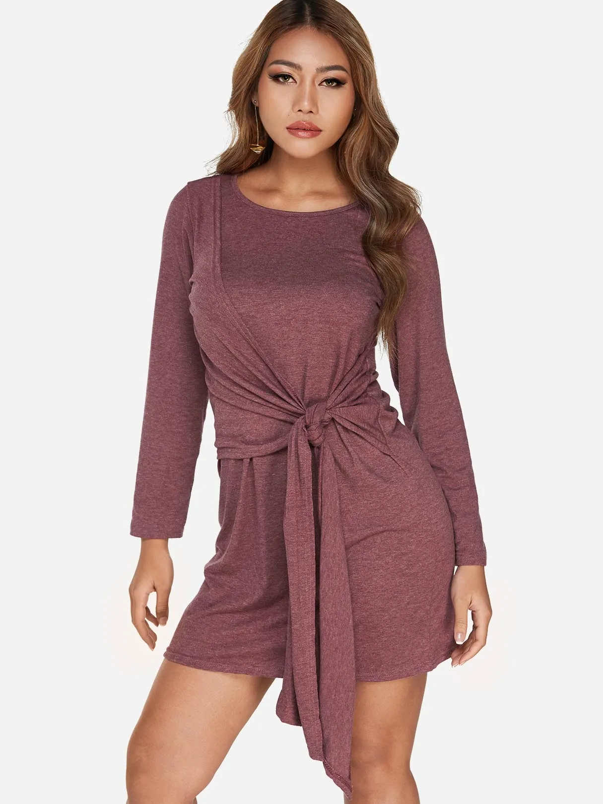 Wholesale Burgundy Round Neck Long Sleeve Plain Self-Tie Shirt Dresses