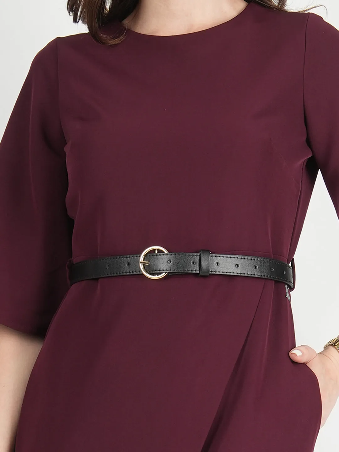 Wine Blended Fabric Bliss Bell Sleeve Dress With Belt