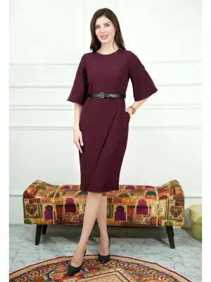 Wine Blended Fabric Bliss Bell Sleeve Dress With Belt