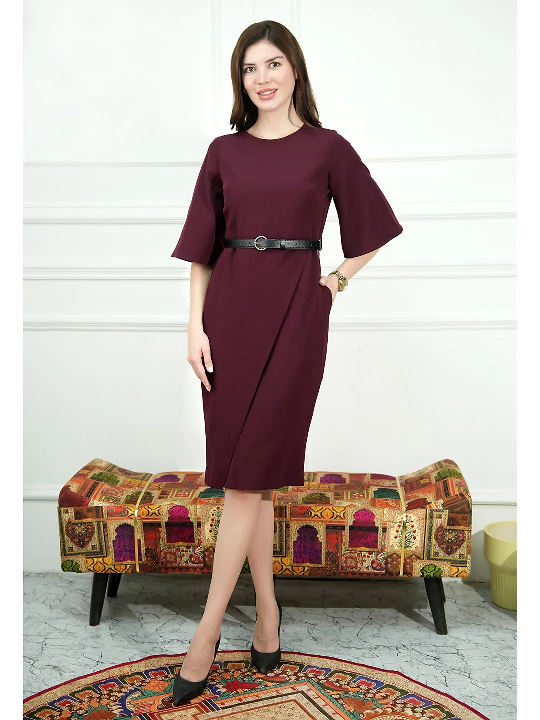 Wine Blended Fabric Bliss Bell Sleeve Dress With Belt