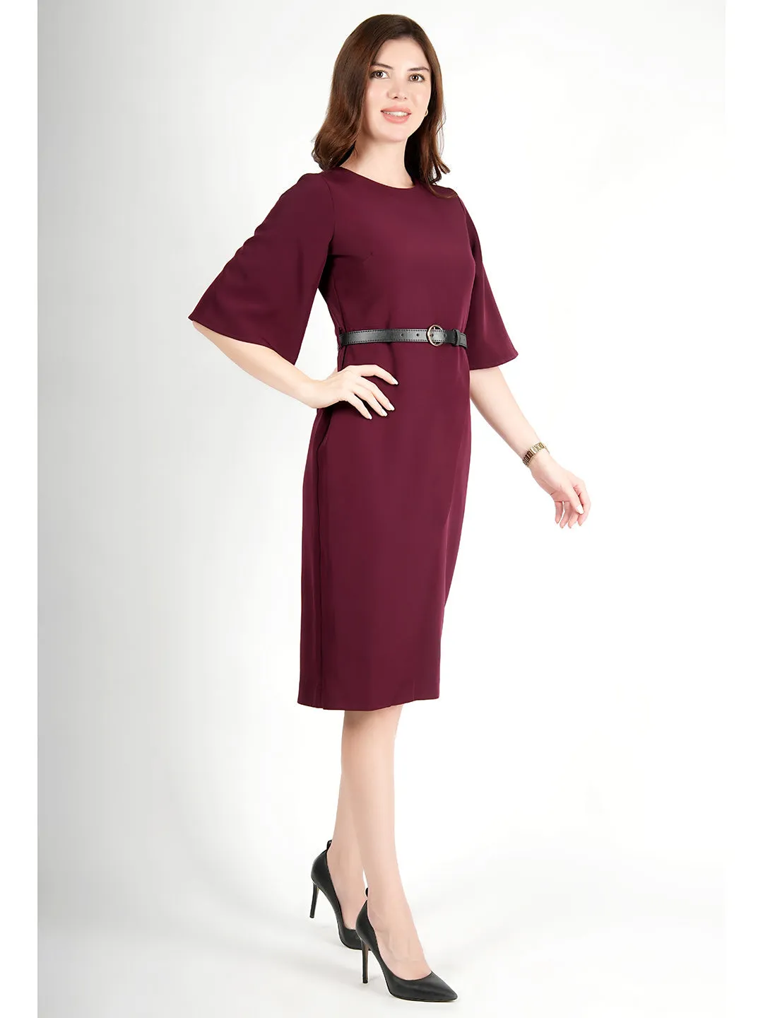 Wine Blended Fabric Bliss Bell Sleeve Dress With Belt