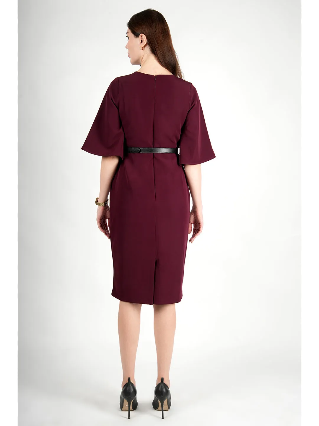 Wine Blended Fabric Bliss Bell Sleeve Dress With Belt