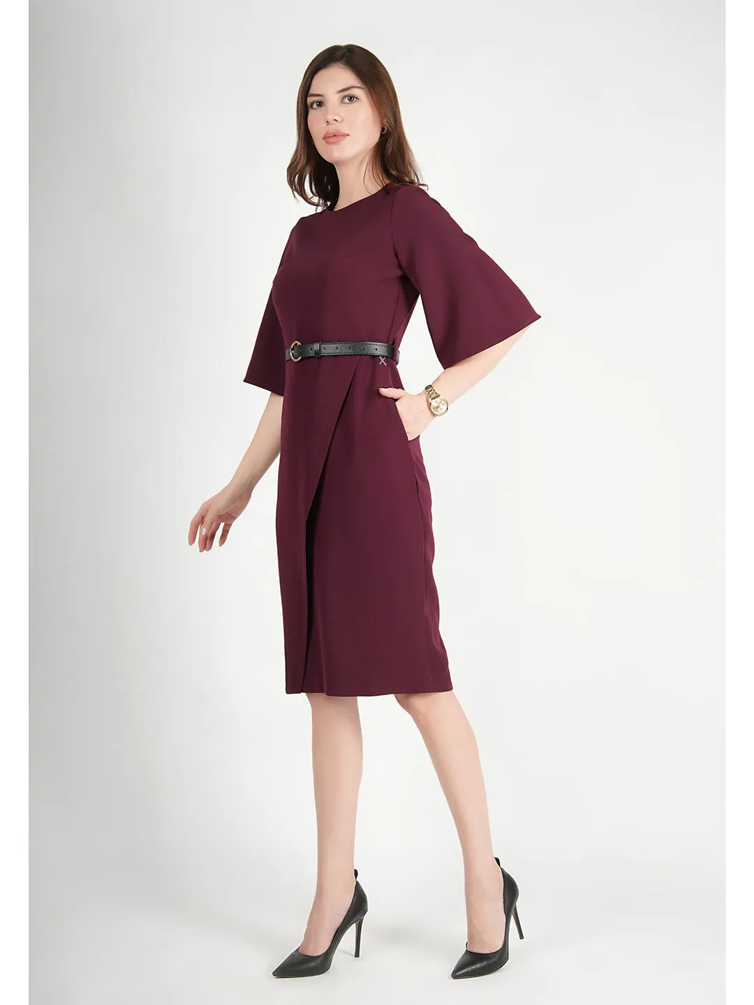 Wine Blended Fabric Bliss Bell Sleeve Dress With Belt