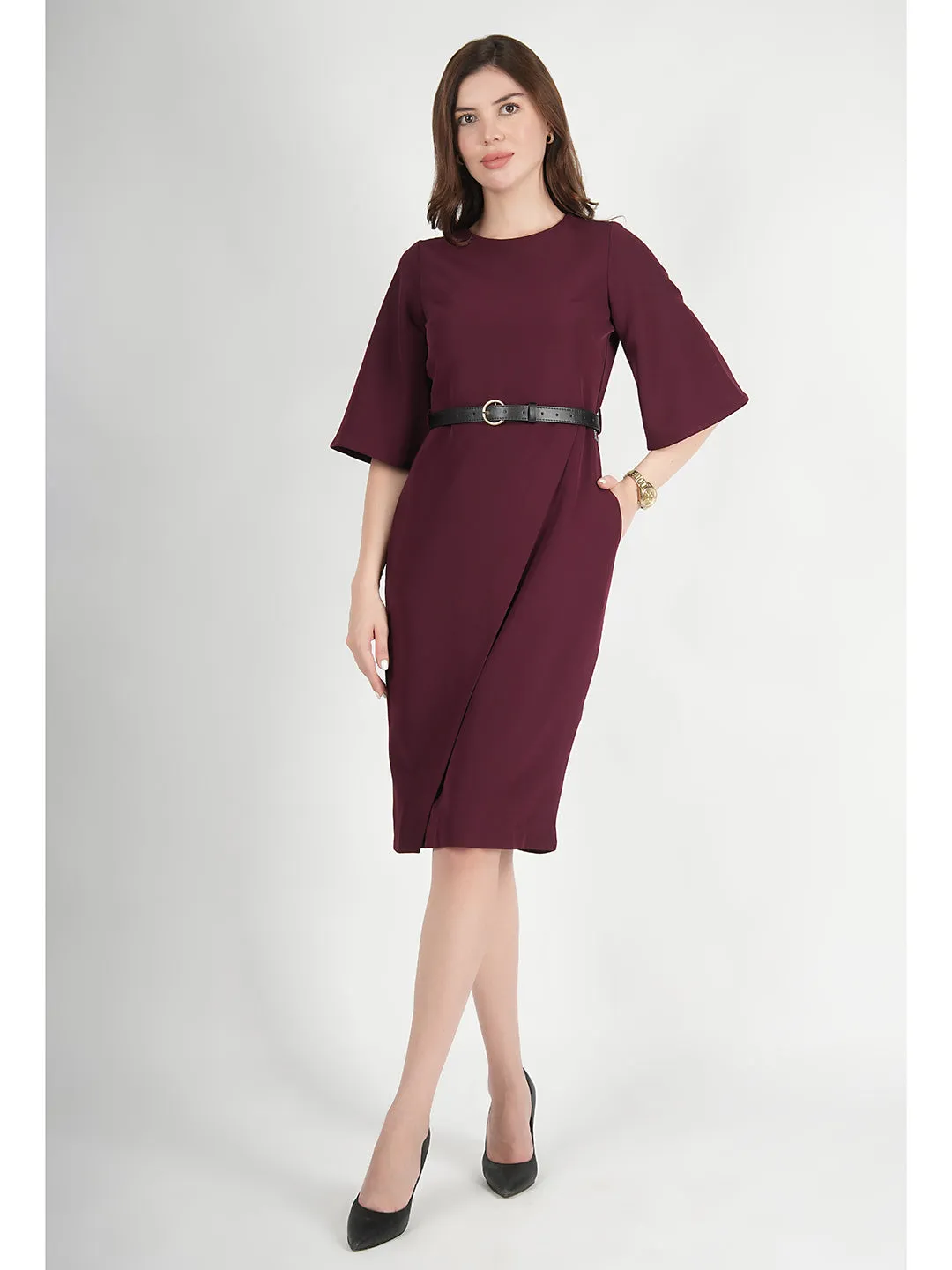 Wine Blended Fabric Bliss Bell Sleeve Dress With Belt