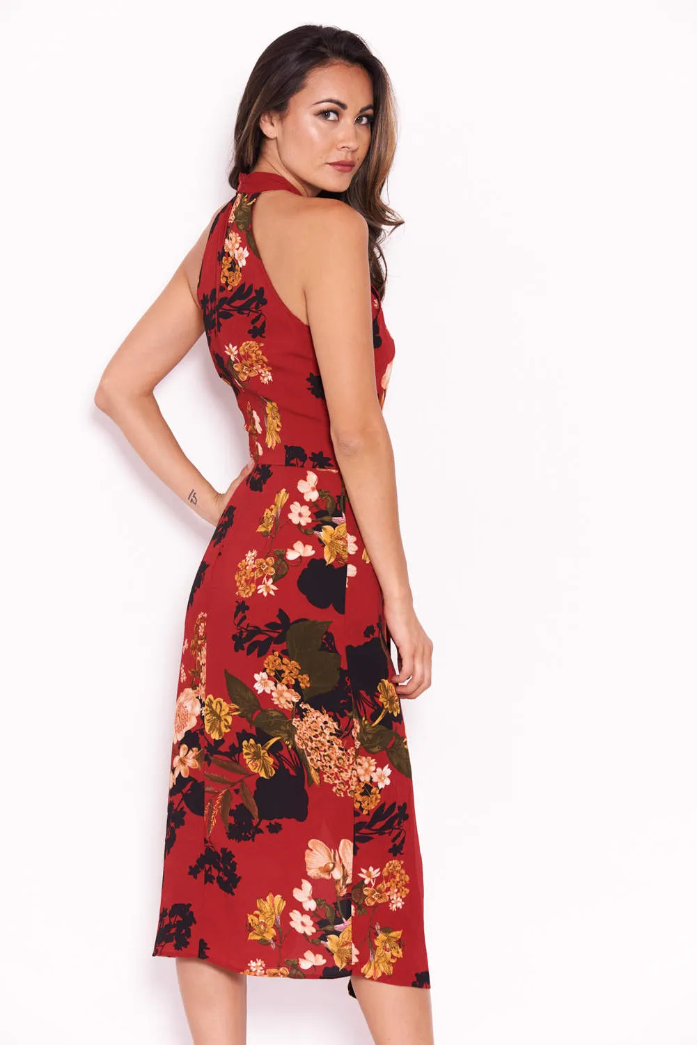 Wine Floral Choker Dress