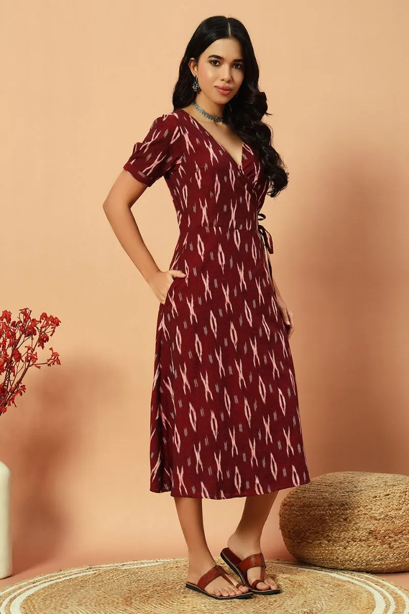 Wine Ikat Wrap Dress