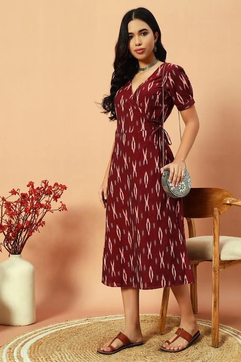 Wine Ikat Wrap Dress