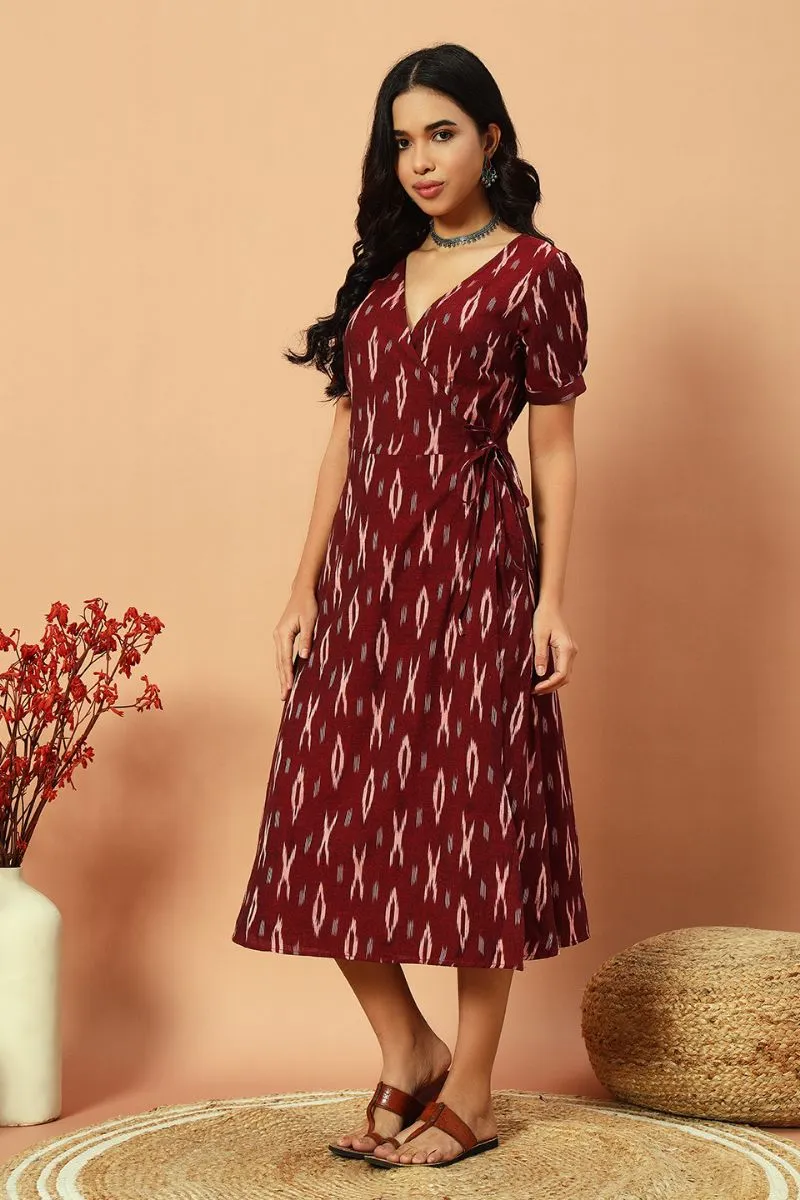 Wine Ikat Wrap Dress