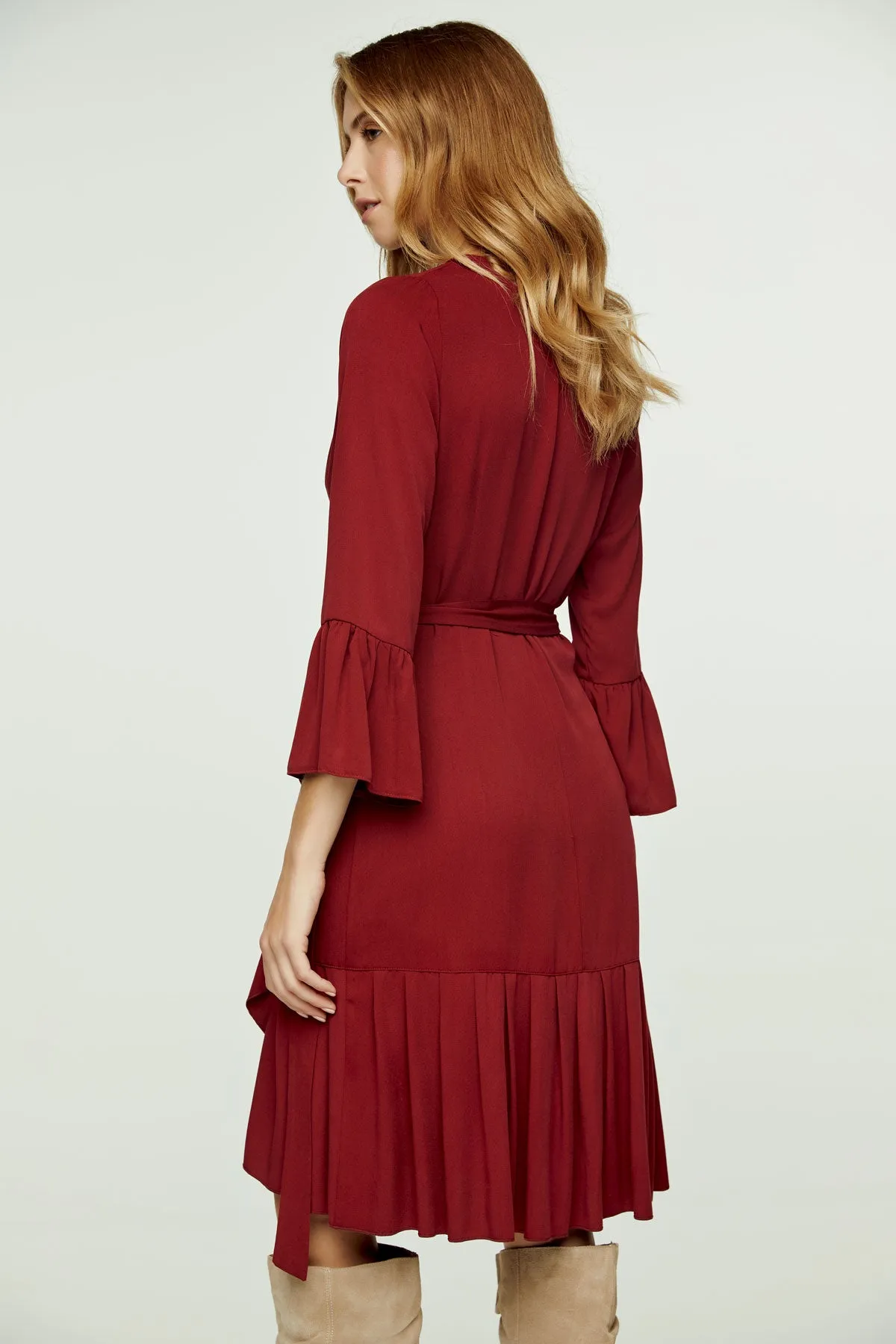 Wine Wrap Dress Viscose with bell sleeves