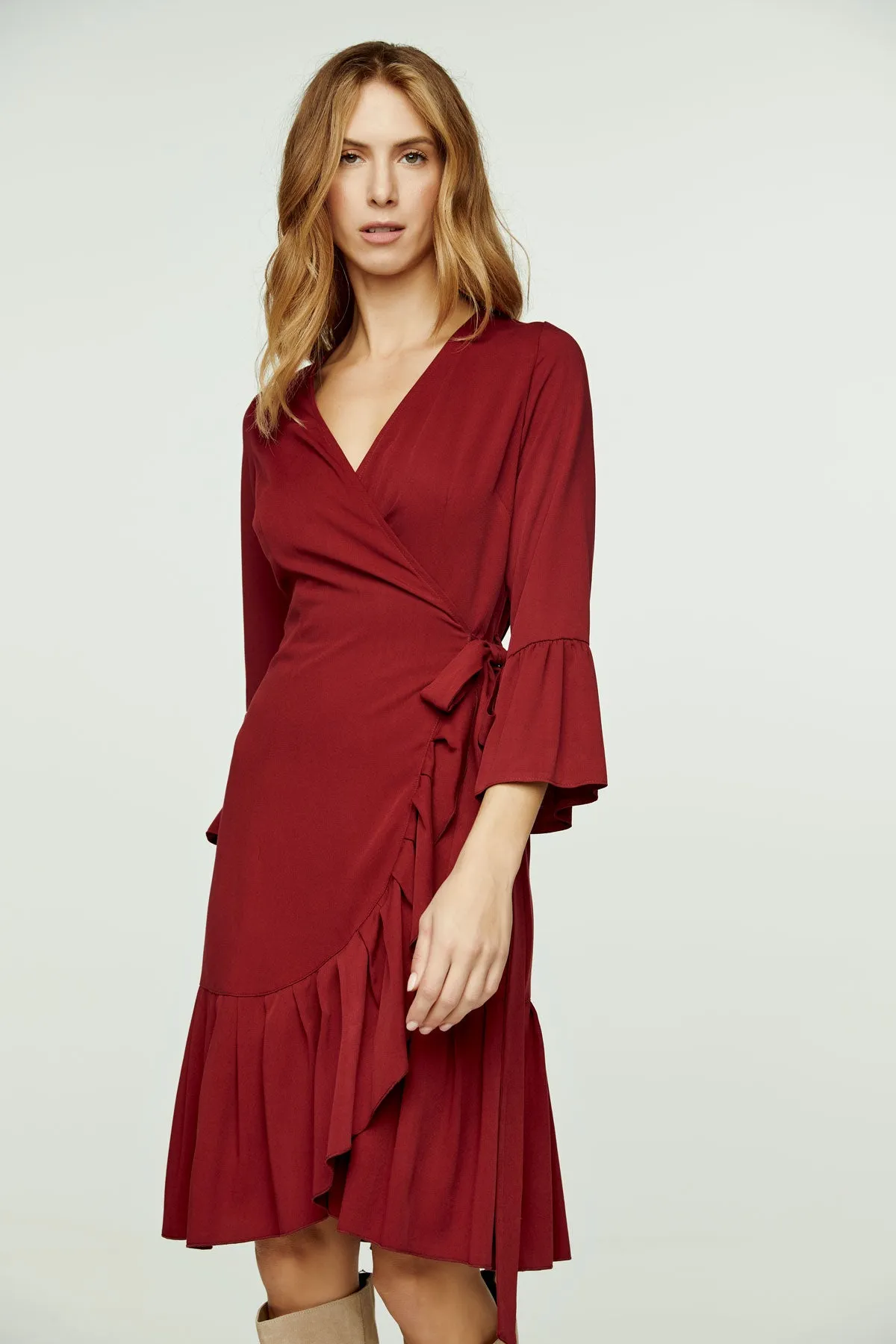 Wine Wrap Dress Viscose with bell sleeves