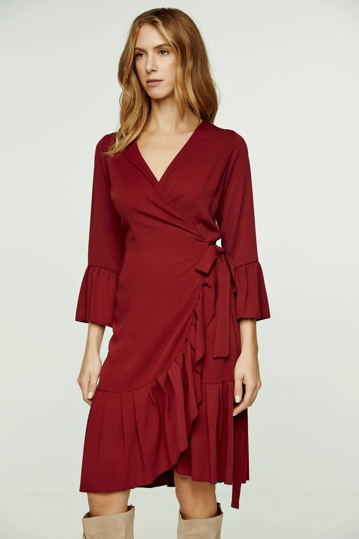 Wine Wrap Dress Viscose with bell sleeves