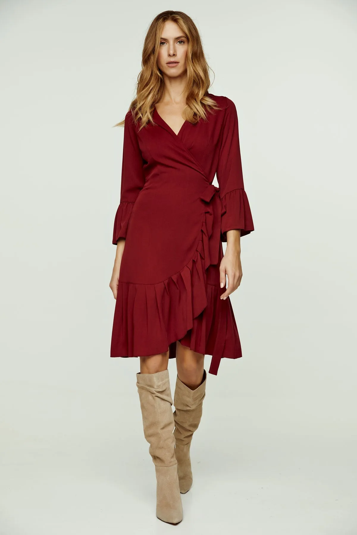 Wine Wrap Dress Viscose with bell sleeves