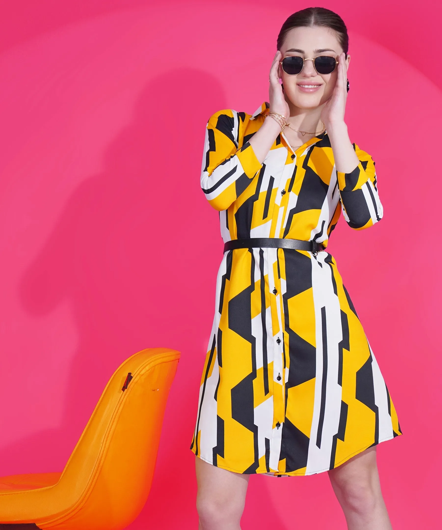 Women A-line Printed Yellow Shirt Style Dress