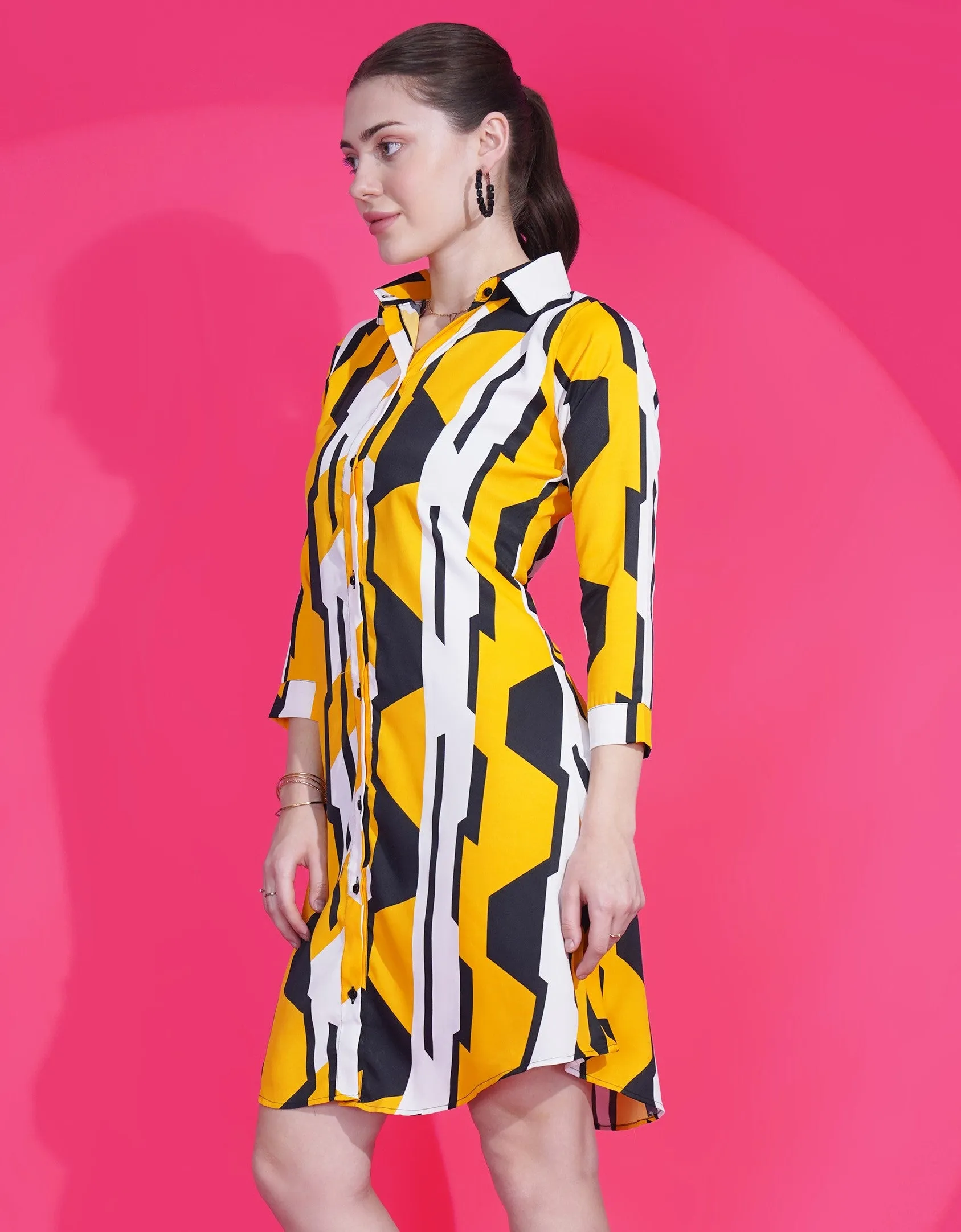 Women A-line Printed Yellow Shirt Style Dress