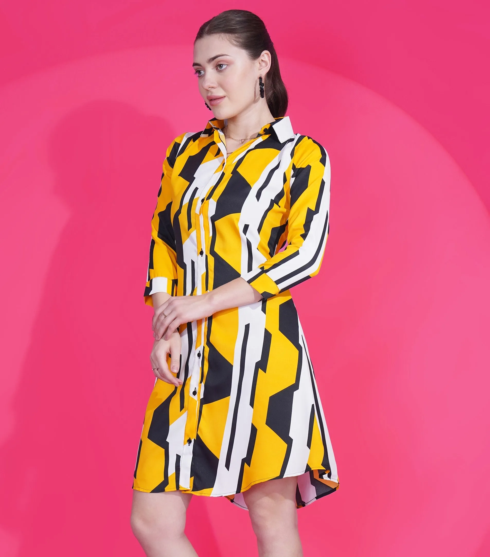 Women A-line Printed Yellow Shirt Style Dress