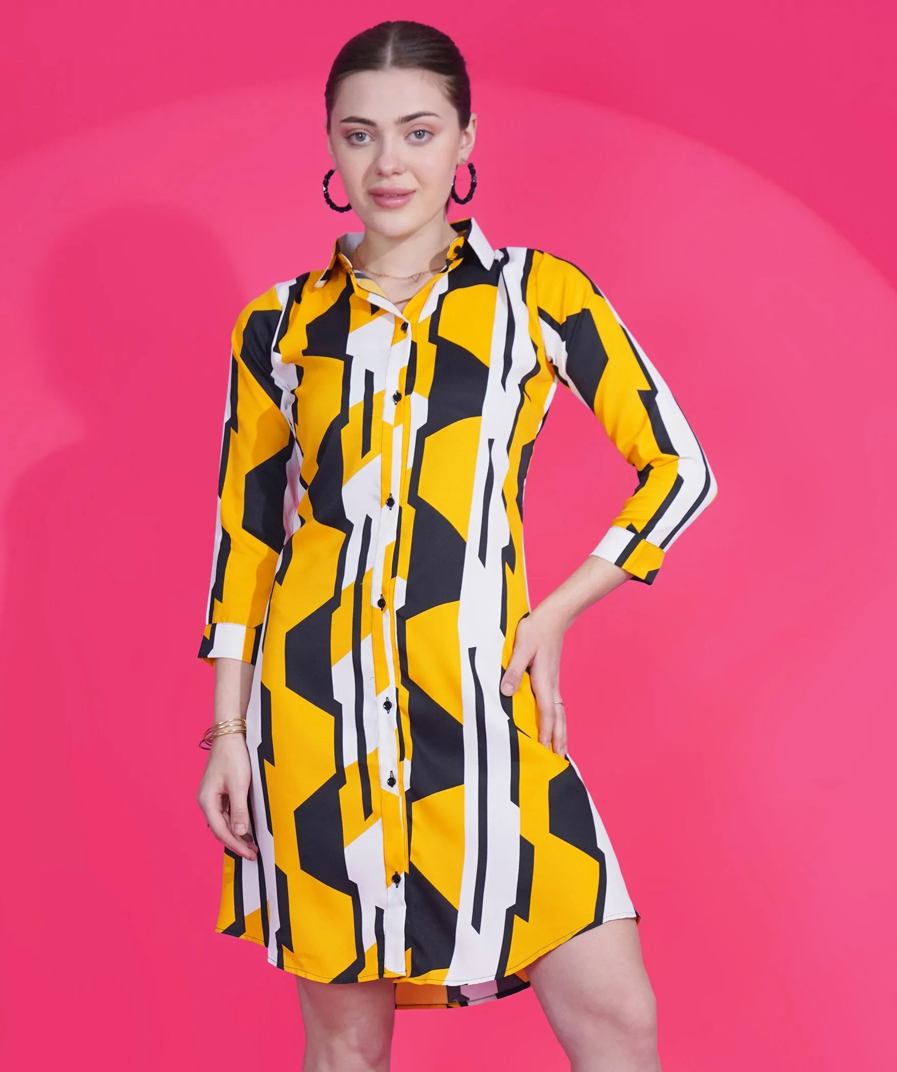 Women A-line Printed Yellow Shirt Style Dress