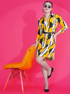 Women A-line Printed Yellow Shirt Style Dress