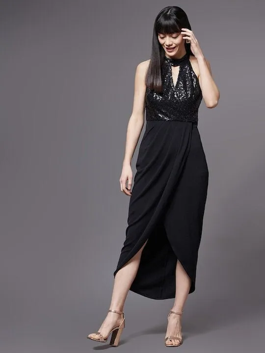 Women Black Keyhole Neck Maxi Dress