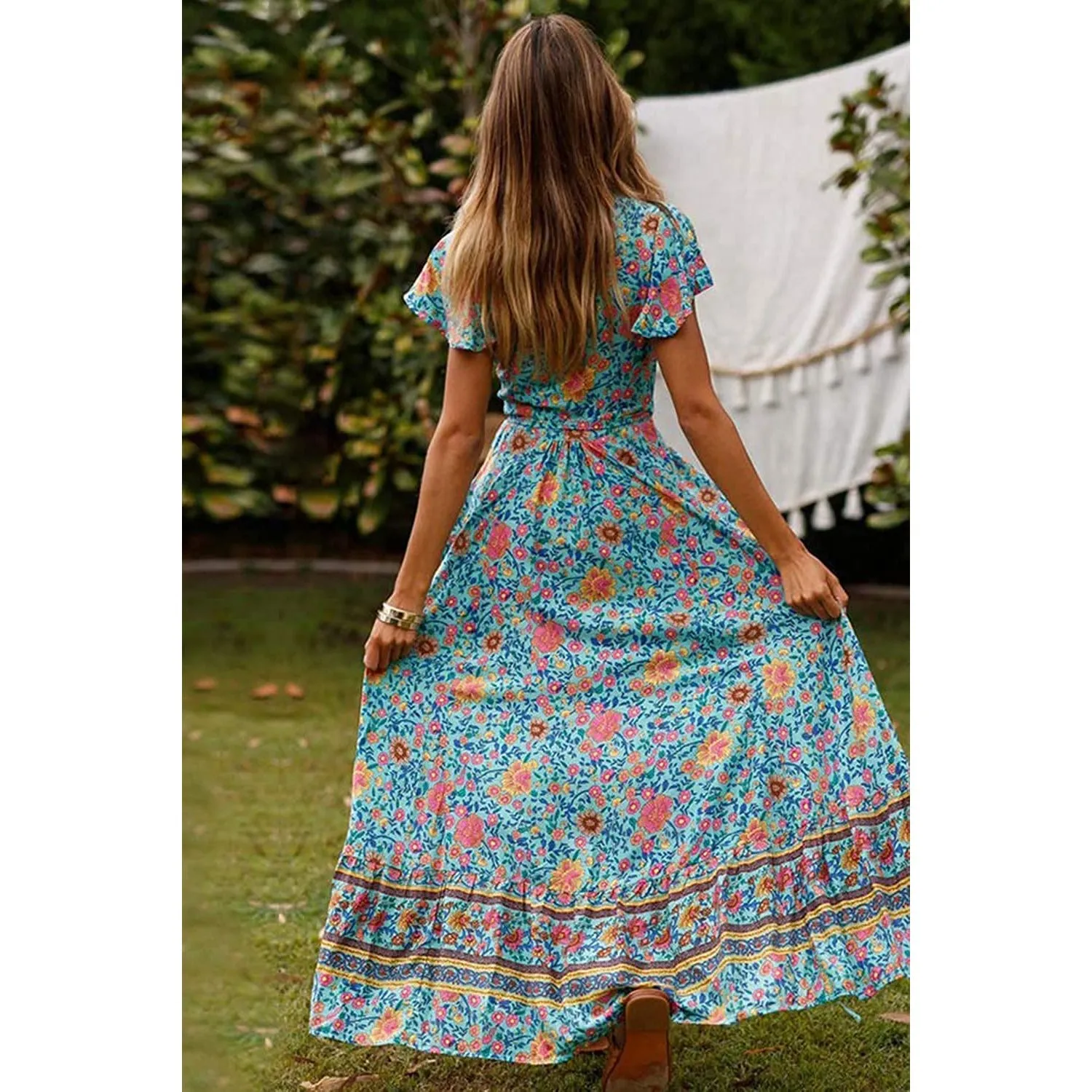 Women Boho Summer Side Split Deep V Neck Short Sleeves Maxi Dress with Belt