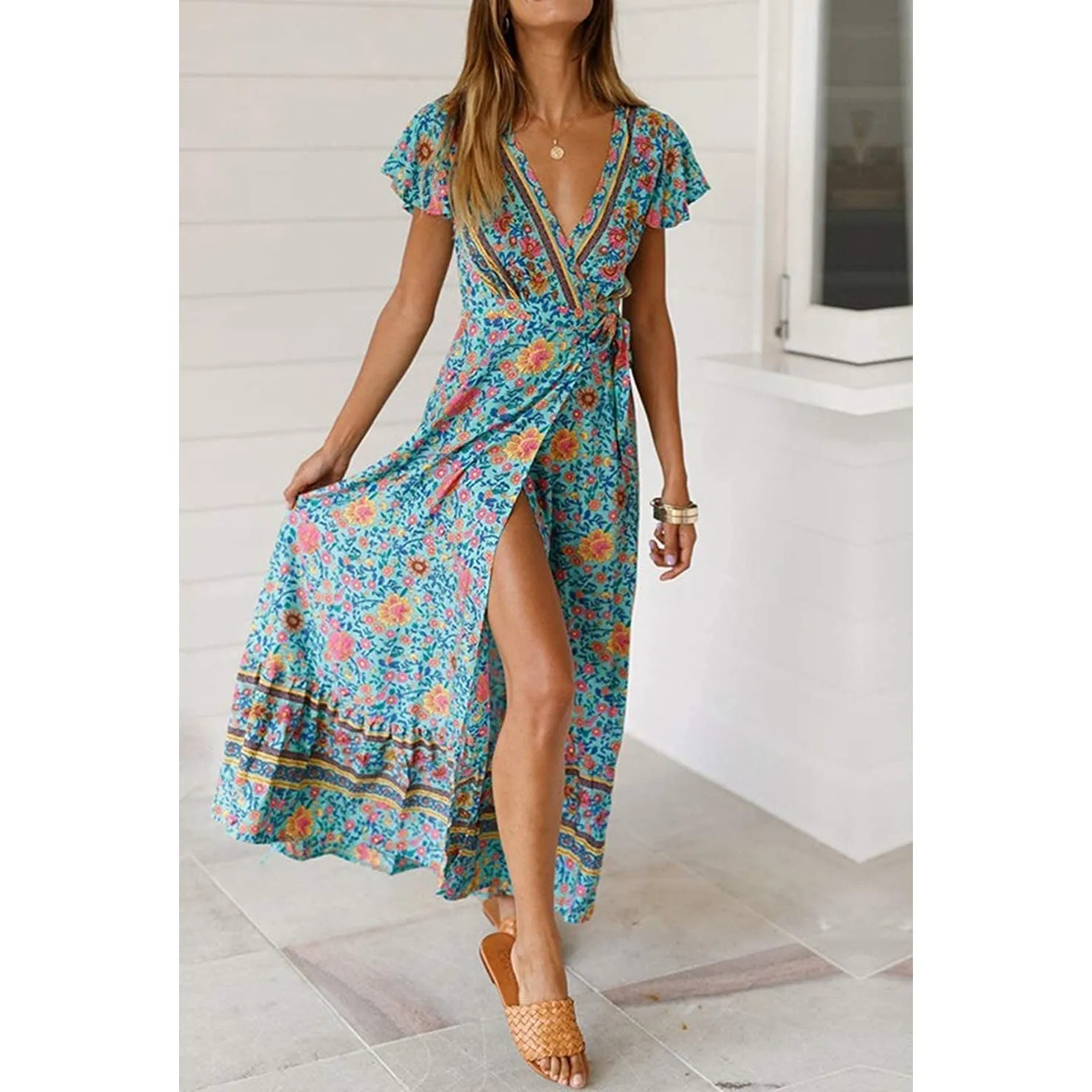 Women Boho Summer Side Split Deep V Neck Short Sleeves Maxi Dress with Belt