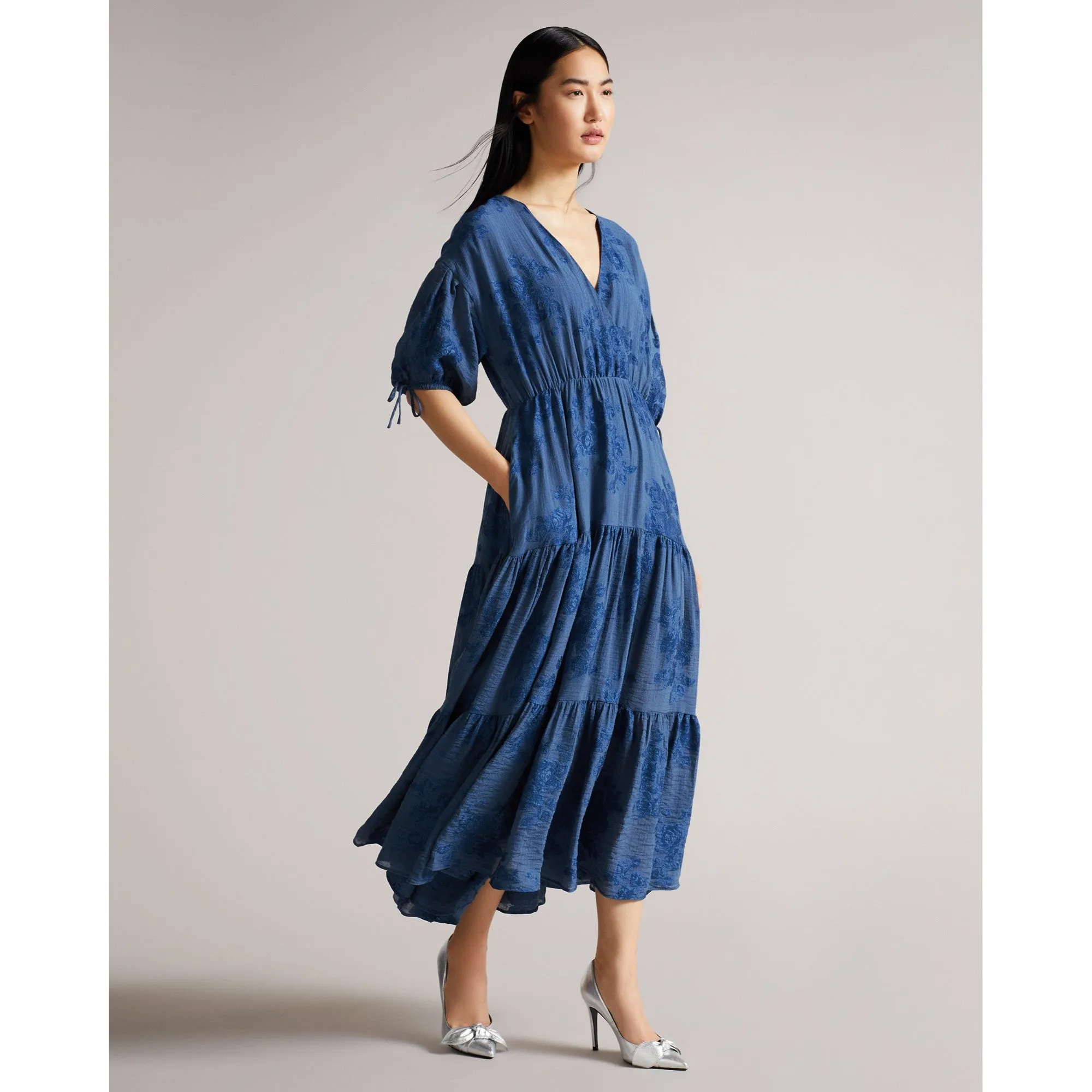 Women Wmd-Zilda-Puff Sleeve Midi With Fixed Wrap Front - Blue